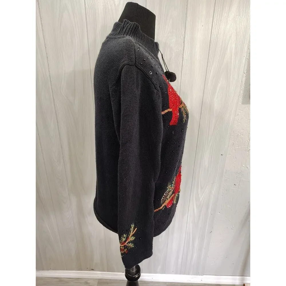 Women's Embellished Full Zip Sweater M Cardinal Grandma Core Mom Embroidered